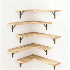 Corner Floating Shelves Set of 5, Matte Wood Finish Corner Wall Shelves with Triangle Iron Brackets, Rustic Wood Display Shelf for Bedroom, Bathr