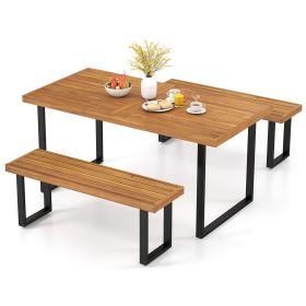 3 Pieces Patio Dining Table Set 63' Rectangle Table and 2 Backless Bench