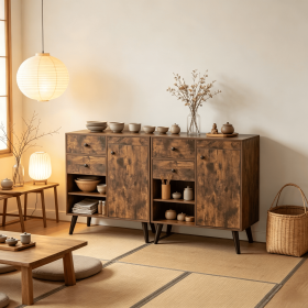 Set of 2 31 Inch Buffet Cabinet with 2 Drawers And Open Compartments for Kitchen Storage Wood Grain Finish