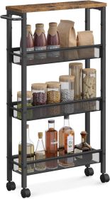4-Tier Narrow Storage Cart with Handle, 5.1 Inches Deep, Metal Frame, for Kitchen, Dining Room, Living Room, Home Office, Rustic Brown and Classi