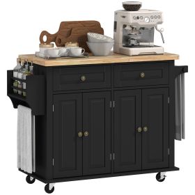 Kitchen Island Cart with Rubber Wood Top, Rolling Kitchen Island Table on Wheels with Drawers, Adjustable Shelves