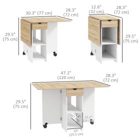 Oak Folding Dining Table Space Saving Drop Leaf with Drawer And Storage Shelves for Kitchen Dining Room