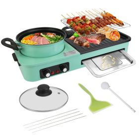 1Pc 3 In 1 Electric Hot Pot With Grill 1600W Smokeless Non-Stick Korean BBQ Grill Shabu Shabu Hot Pot Combo With Independent Temperature Control (Option: Green)
