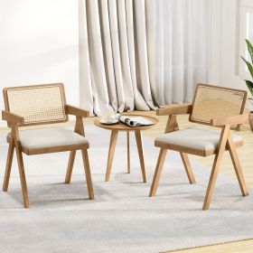 Set of 2 Rattan Accent Chairs with Padded Cushion and Rubber Wood Frame (Color: Beige)