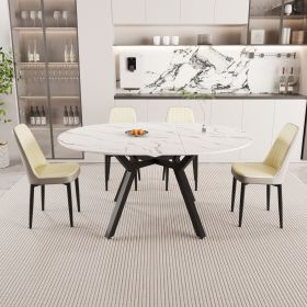 47-63" expandable circular dining tables , equipped with 4 PU fabric thick cushioned dining chairs and an elegant and spacious dining table (Color: White+Beige+Grey)