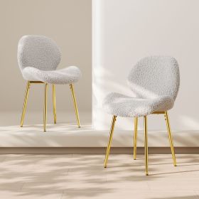 Modern minimalist white teddy velvet Dining Chairs Set of 2 with sturdy gold metal legs and comfortable backrest design, suitable for restaurants (Color: White)